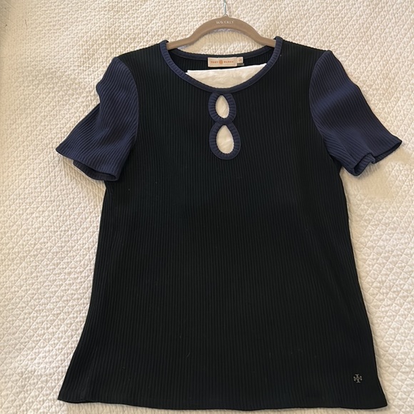 Tory, Burch, short sleeve, black and blue sweater with cut outs size large - Picture 3 of 10